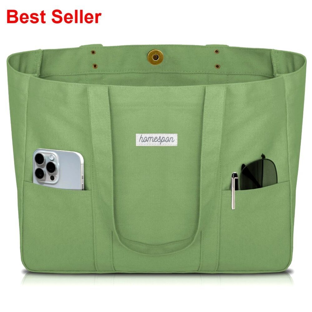 Large Canvas Tote Bag with Pockets and Laptop Sleeve for Women